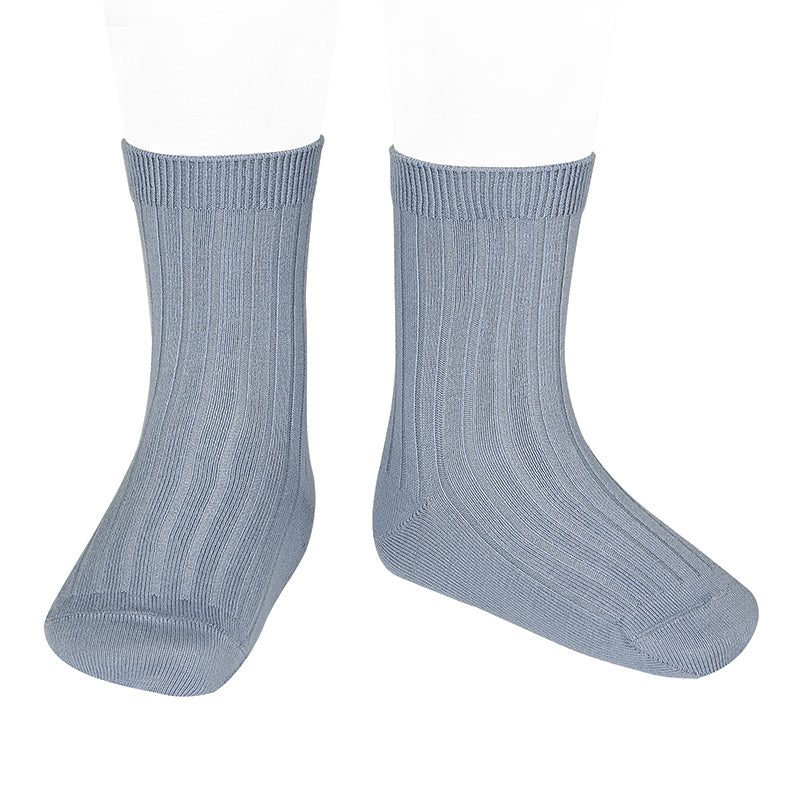 Slate blue ribbed short socks for babies and kids